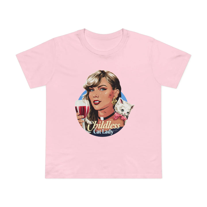 A prink t-shirt featuring an illustration of Taylor Swift holding a glass of red wine with the words 'Childless Cat Lady'. 