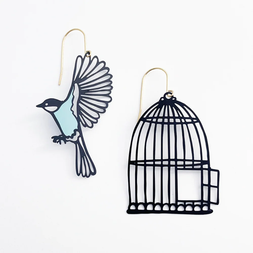 Birdcage & Bird Earrings in Black & Duck Egg