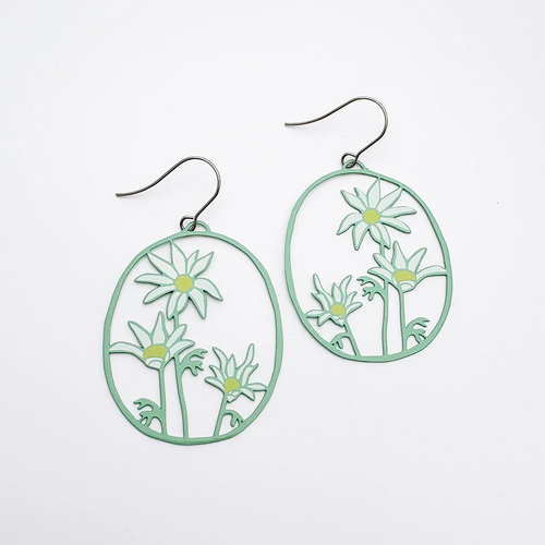 Flannel Flower Earrings in Green, White & Yellow
