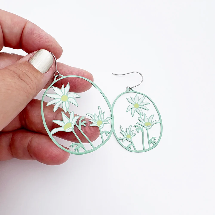 Flannel Flower Earrings in Green, White & Yellow