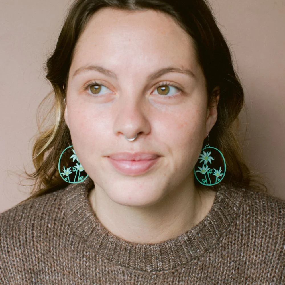 Flannel Flower Earrings in Green, White & Yellow