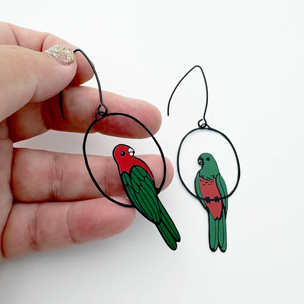 King Parrot Earrings in Red & Green