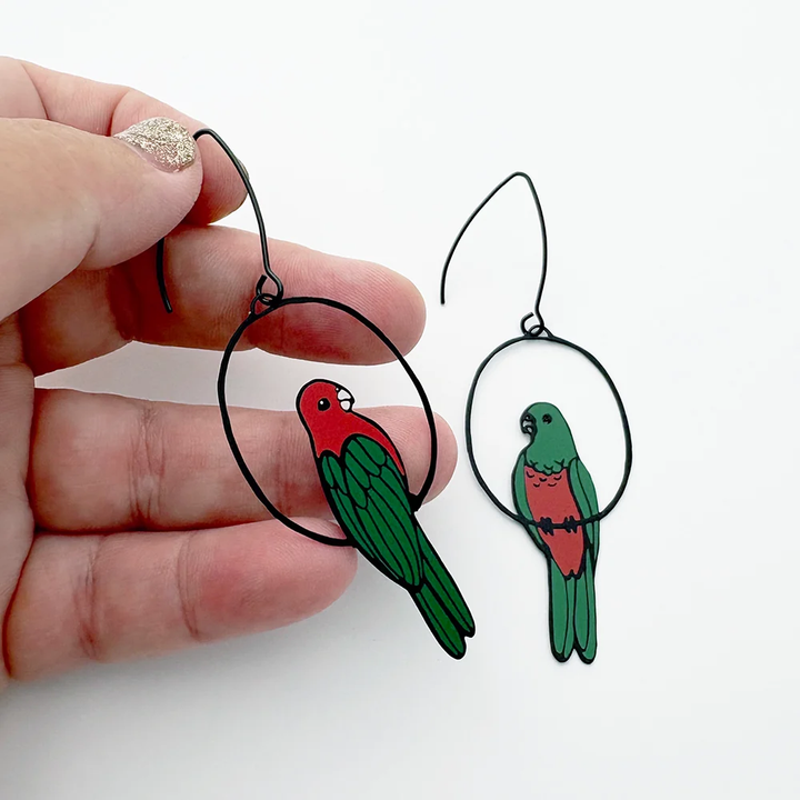 King Parrot Earrings in Red & Green