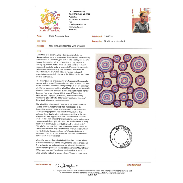 Painting Sheila Nungarrrayi Sims/Mina Mina Jukurrpa/Mina Mina Dreaming